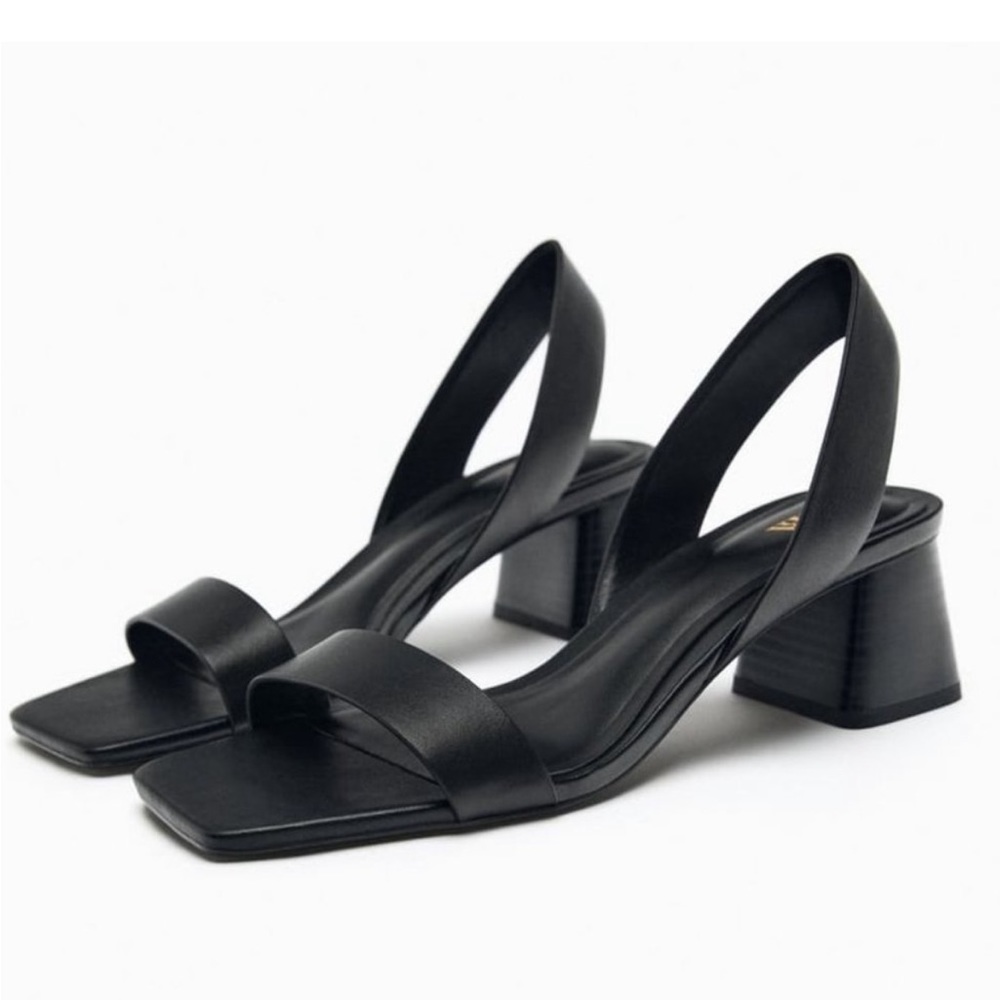 Zara NWT Black Block Heel Leather Sandals Size 10